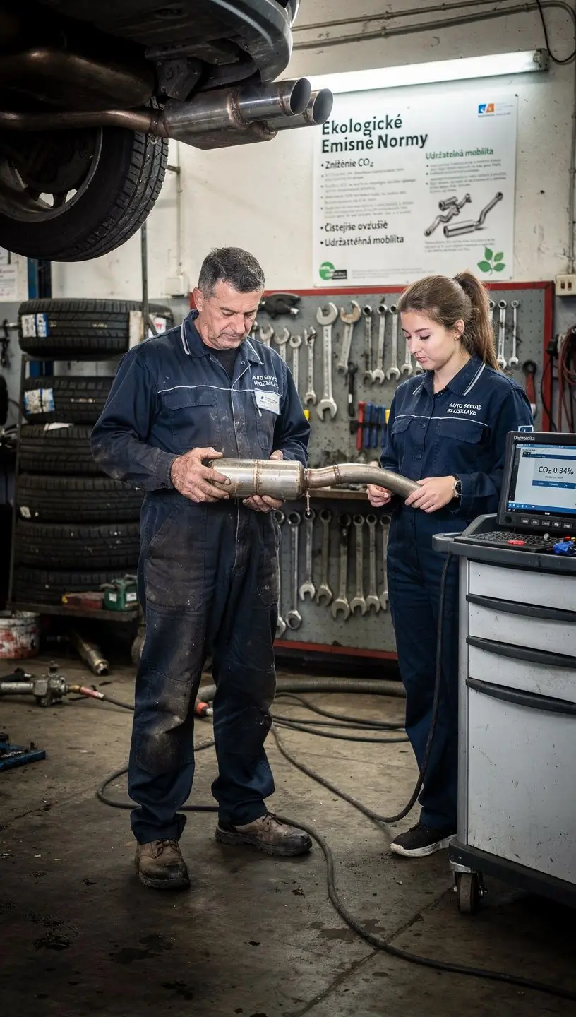 Servisný pracovník montujúci nový tlmič výfuku v modernom autoservise.